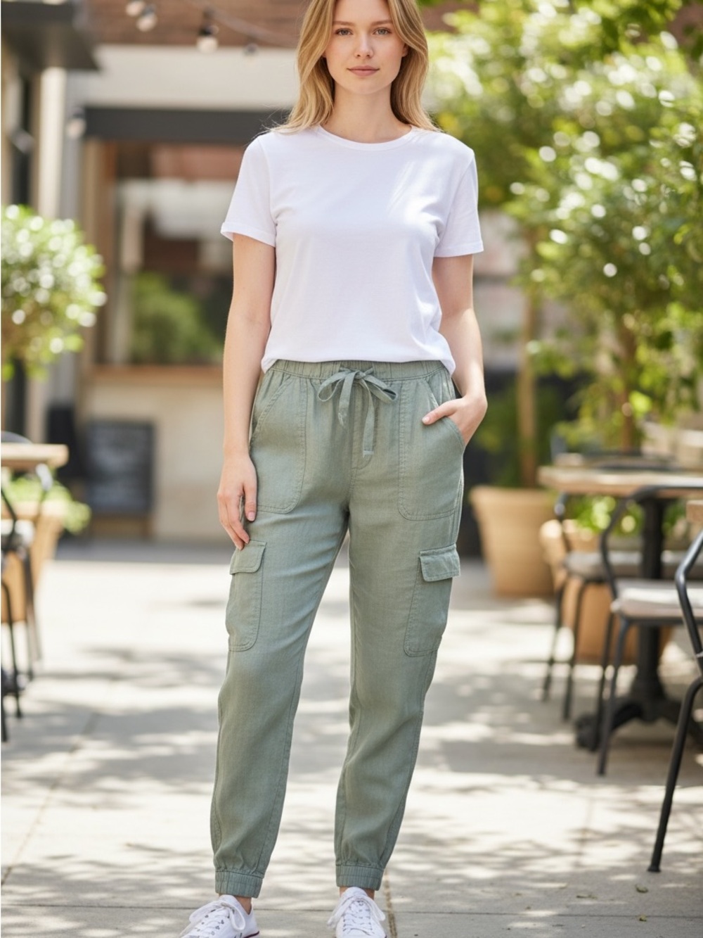 Nicole Miller New York Green 100% Linen Jogger/Cargo Pants Women's Size S EUC